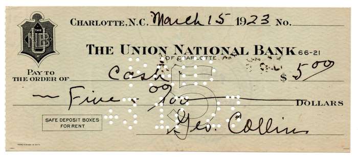 1923 United States, Charlotte The Union National Bank $5 Cheque, Cancelled by the Independence Trust