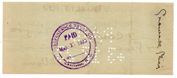 1923 United States, Charlotte The Union National Bank $5 Cheque, Cancelled by the Independence Trust