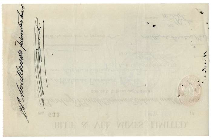 1942 Southern Rhodesia, Barclays Bank - Blue & Vee Mines, Limited Cheque issued for £0, 11 Shillings