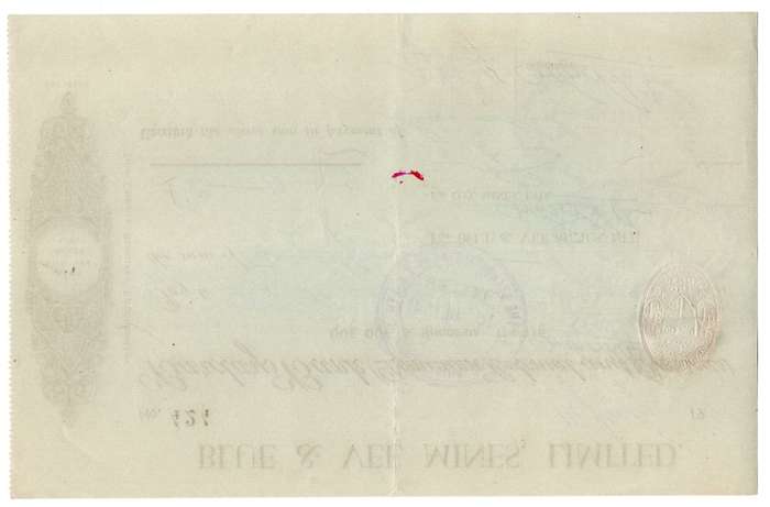 1941 Southern Rhodesia, Barclays Bank - Blue & Vee Mines, Limited Cheque issued for £8, 13 Shillings