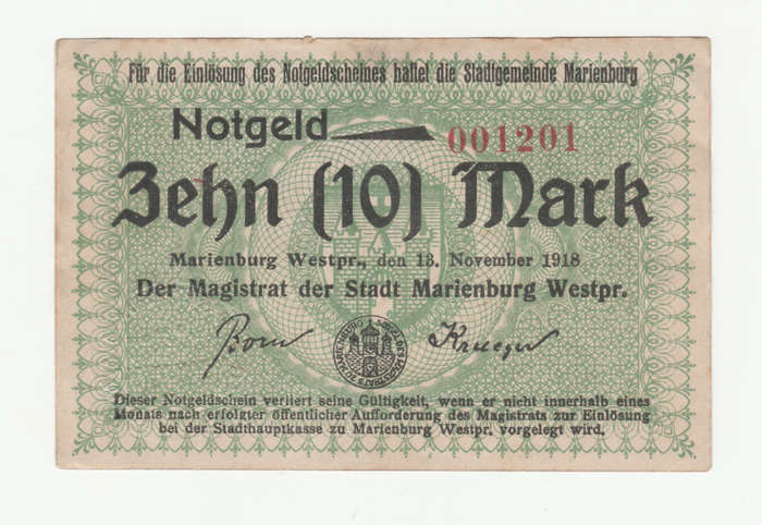 1918 German Stadt Marienburg 10 Mark cancelled