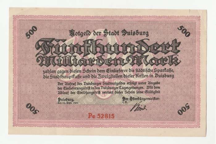 1923 German Rheinland Stadt Duisburg 500 Million Mark