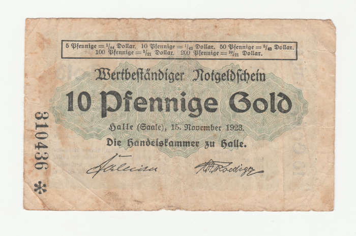Rare 1923 German 10 Gold Pfennig 1/42 Dollar Replacement Note