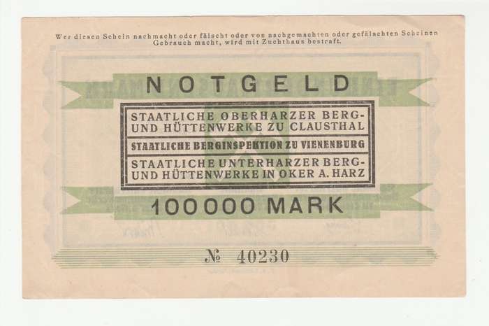 1923 German Herrnstadt 100 000 Mark