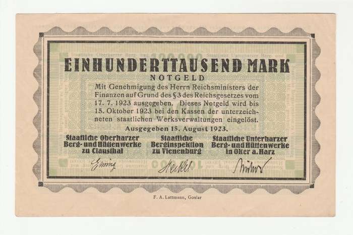 1923 German Herrnstadt 100 000 Mark