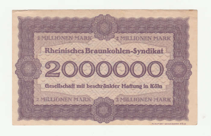 1923 German Braunkohle Syndicate Koln Stadt 2 Million Mark