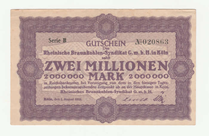 1923 German Braunkohle Syndicate Koln Stadt 2 Million Mark