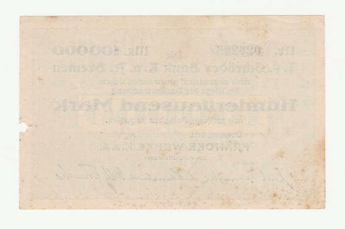 1923 German Bank of Bremen 100 000 Mark, Franke Werk K.a.A business issue note