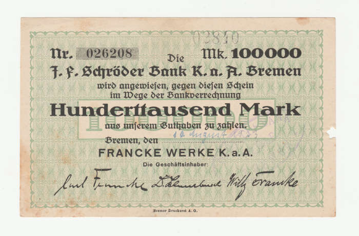 1923 German Bank of Bremen 100 000 Mark, Franke Werk K.a.A business issue note