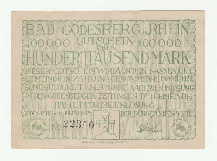 1923 German Stadt Godesburg 100 000 Mark