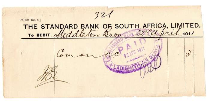 1911 The Standard Bank of South Africa Limited withdrawal receipt, 2 Shillings