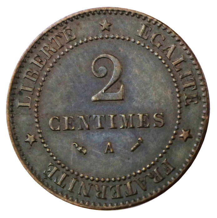 1895-A Paris France 2 Centimes, petit A variety, Toned