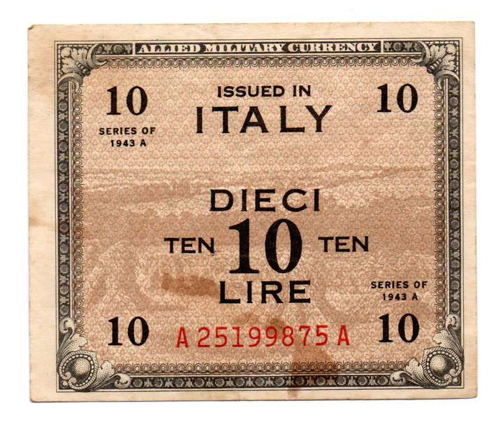 1943-A Italy Allied Military Currency 10 Lire
