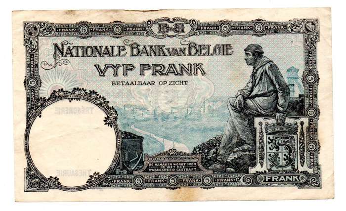 1929 Belgium 5 Franc, Pick#97b
