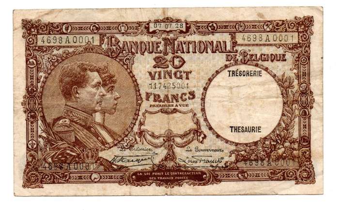 1928 Belgium 20 Franc, Pick#98b, `A0001`