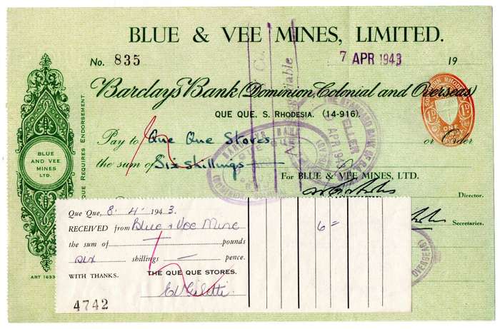 1943 Southern Rhodesia, Barclays Bank - Blue & Vee Mines, Limited Cheque issued for £0, 6 Shillings,