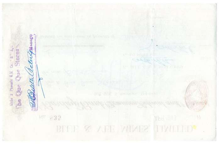 1943 Southern Rhodesia, Barclays Bank - Blue & Vee Mines, Limited Cheque issued for £0, 6 Shillings,