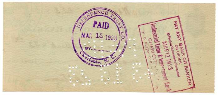 1923 United States, Charlotte The Union National Bank $32 Cheque, Cancelled by the Independence Trus