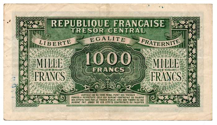 1944 France 1000 Francs Pick#107, 8 tiny pin holes, bottom right edge tear