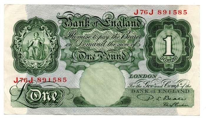 1948-60 Great Britain 1 Pound Pick#369b, top edge tear through `England`