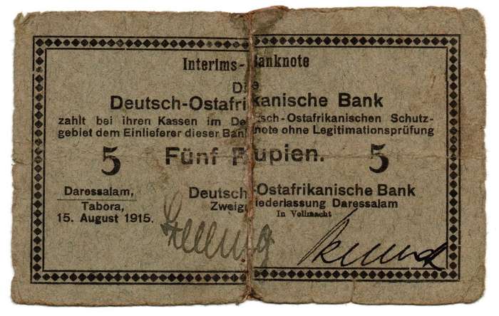 1915 German East Africa 5 Rupien, Signatures Hand written, Low Serial `00819` Pick#30, repaired