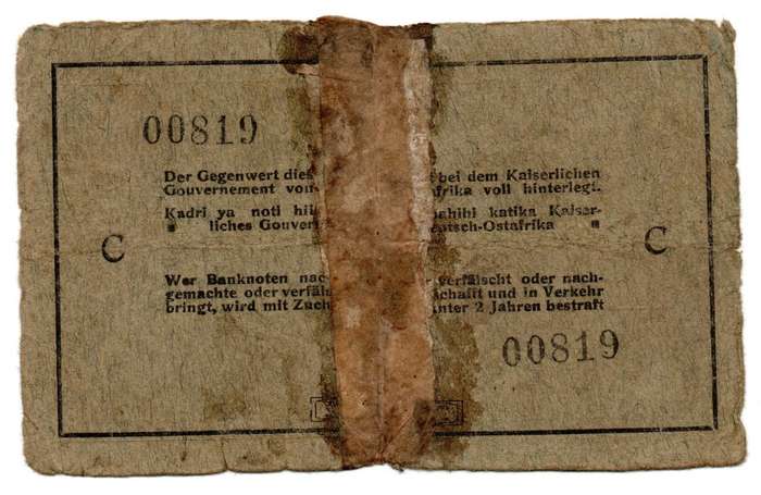 1915 German East Africa 5 Rupien, Signatures Hand written, Low Serial `00819` Pick#30, repaired