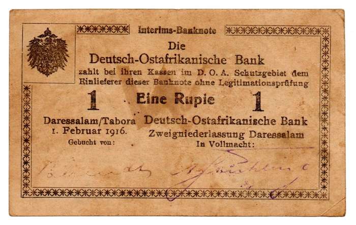 1916 German East Africa 1 Rupie, Tebora Series B2 Pick#19