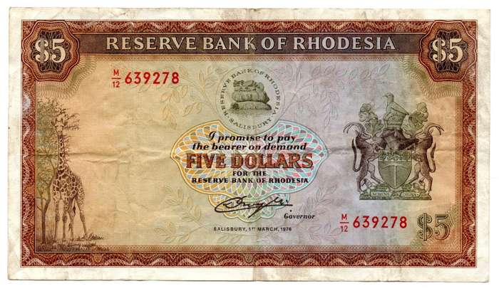 1976 Rhodesia 5 Dollar Pick#36a