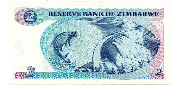1983 Zimbabwe $2 Pick#1b left corner fold and minor top edge creasing