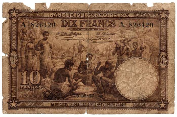 1937 Belgian Congo 10 Francs filler Pick#9 edge tears, centre fold holes, watermark hole