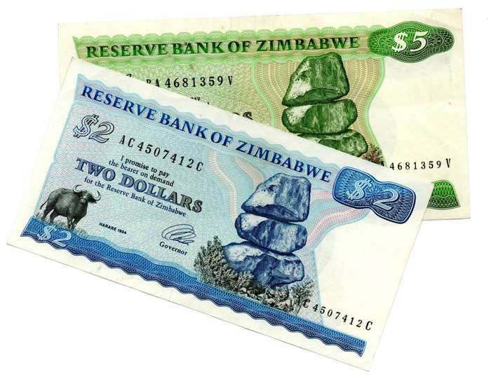 1994 Zimbabwe $2 and $5 Pair Pick#1c, 2e (watermark Type B)