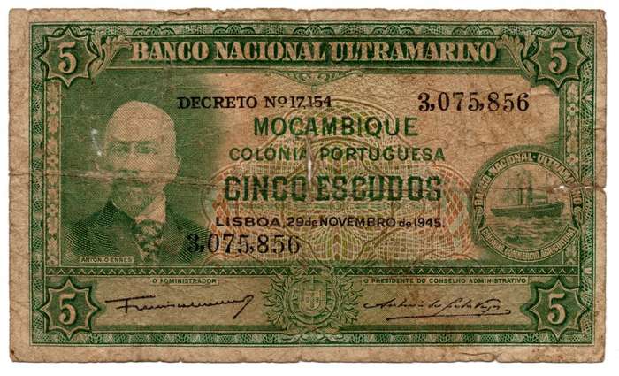 1945 Mozambique Filler 5 Escudos Pick#94, center and right edge tear and over portrait