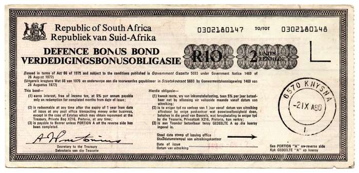 1982 South Africa R10 Defense Bonus Bond, Knysna Stamp, `Peter Farrant Ramsden` fold