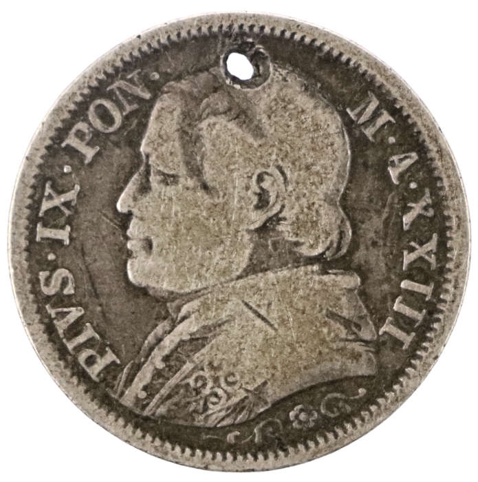 1869 Papal States  1 Lira .835 Silver KM#1387, holed