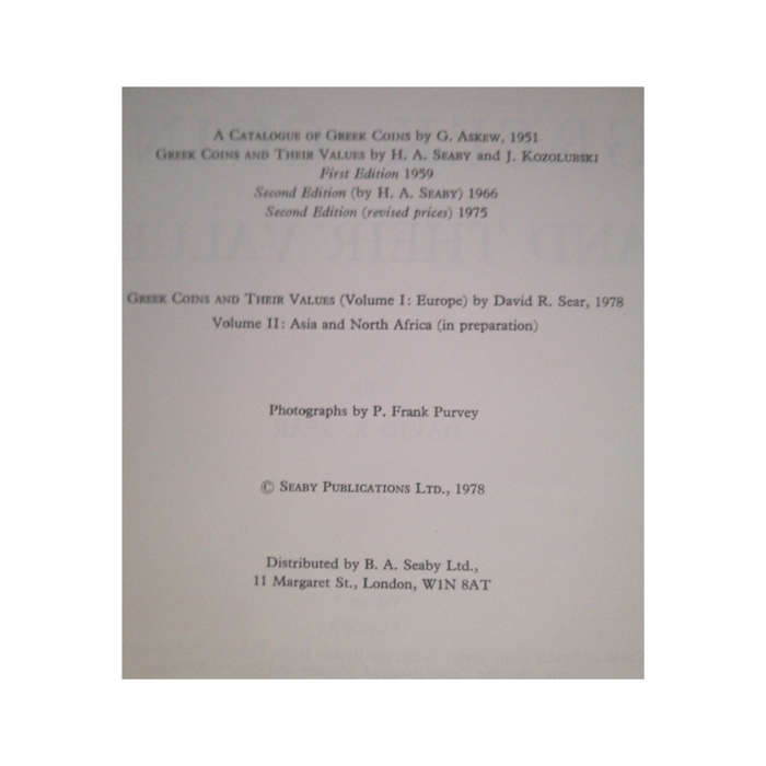 1978 Greek Coins And Their Values- Volume 1 Europe by David R. Sear Hardcover w/ Dustjacket