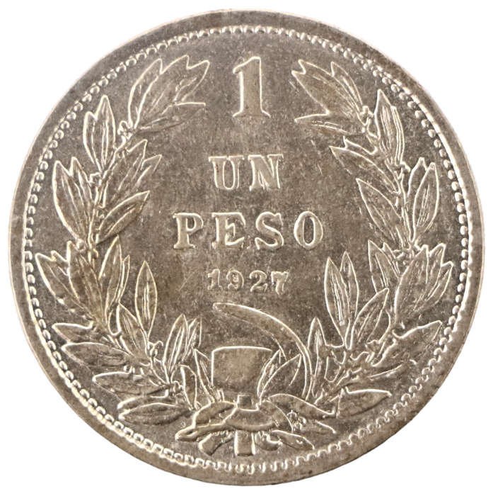 1927 Chile 1 Peso, Number 1 thick and mint thick Variety .500 Silver KM#171
