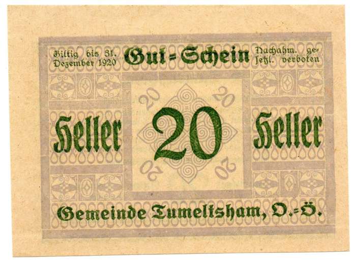 Error 1920 Austria Tumeltsham 20 Heller Slight off centre cut