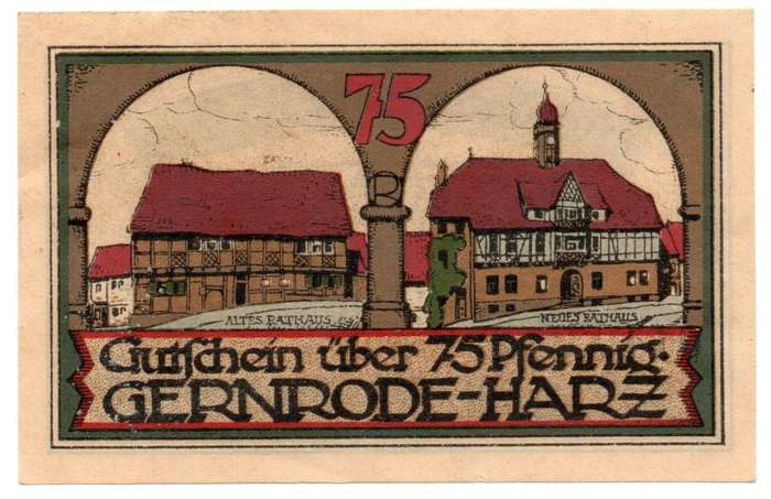 1921 German City of Gernrode im Harz (Federal state of Anhalt) Weimar Republic 75 Pfennig Local issu