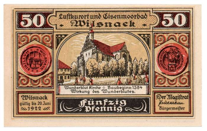 1922 German City of Wilsnack (Prussian province of Brandenburg) Weimar Republic 50 Pfennig Local Iss