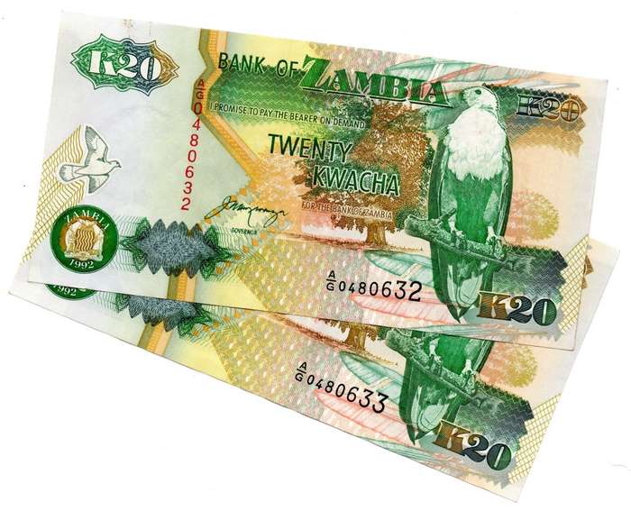 Lot of 2 x 1992 Consecutive Zambia 20 Kwacha Signature 11 "AG0480632 to AG0480633" Pick#36b