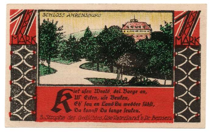 1921 German City of Bückeburg (Federal state of Schaumburg-Lippe) Weimar Republic 1 Mark Commemorati
