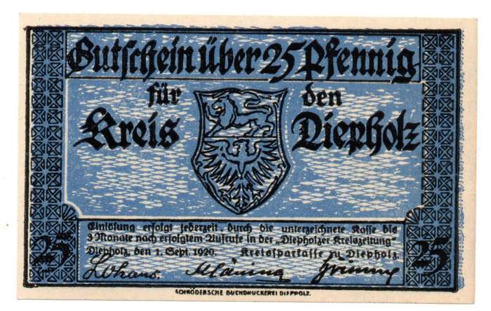 1920 German City of Diepholz Kreis 25 pfennig