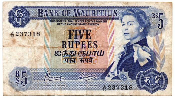 1967 Mauritius 5 Rupees Signature 4 Pick#30c