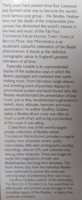 Tomorrow Never Knows - 30 Years of Beatles Music - Geoffrey Giuliano - Hardcover - 256 pages