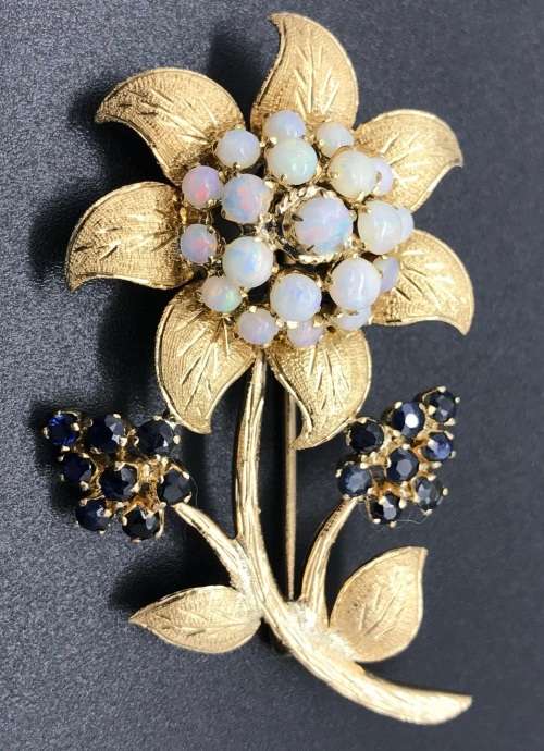 Solid Gold Opal and Sapphire Brooch (V. R48 560)