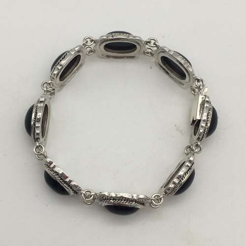 Early Solid Silver Onyx and Marcasite Bracelet