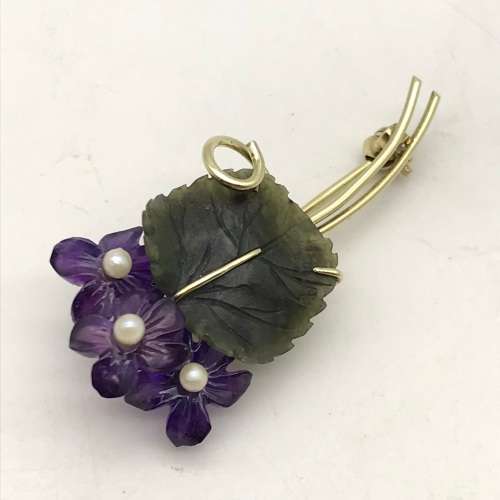 Vintage 14ct Gold, Amethyst & Jade Flower Brooch (V. R39 240)