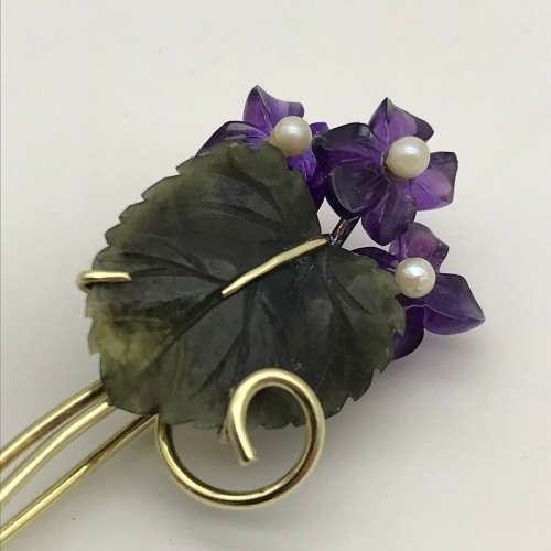 Vintage 14ct Gold, Amethyst & Jade Flower Brooch (V. R39 240)