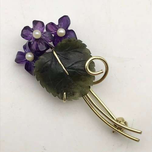 Vintage 14ct Gold, Amethyst & Jade Flower Brooch (V. R39 240)