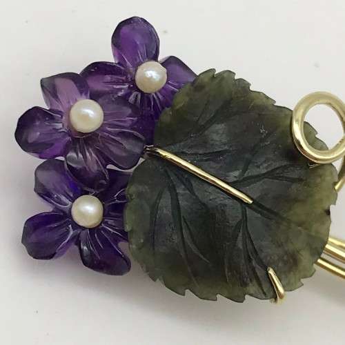 Vintage 14ct Gold, Amethyst & Jade Flower Brooch (V. R39 240)